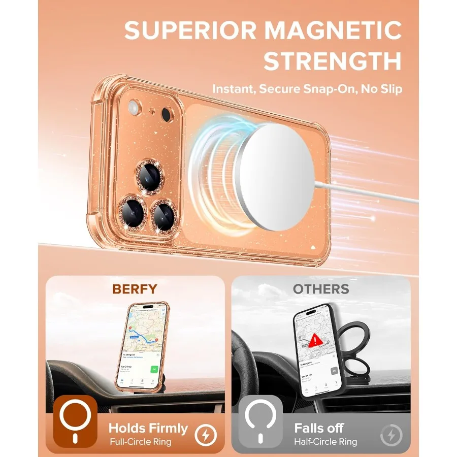 Sparkle oranje helder glitter schokbestendig beschermhoesje voor iPhone 17 Pro dames compatibel met MagSafe anti-vergeling ontwerp
