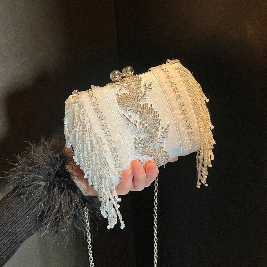 

Vintage Handmade Beaded Evening Bags Crystal White Lace Flower Fringed Tote Bag Chains Shoulder Crossbody Bag Small Square Bag