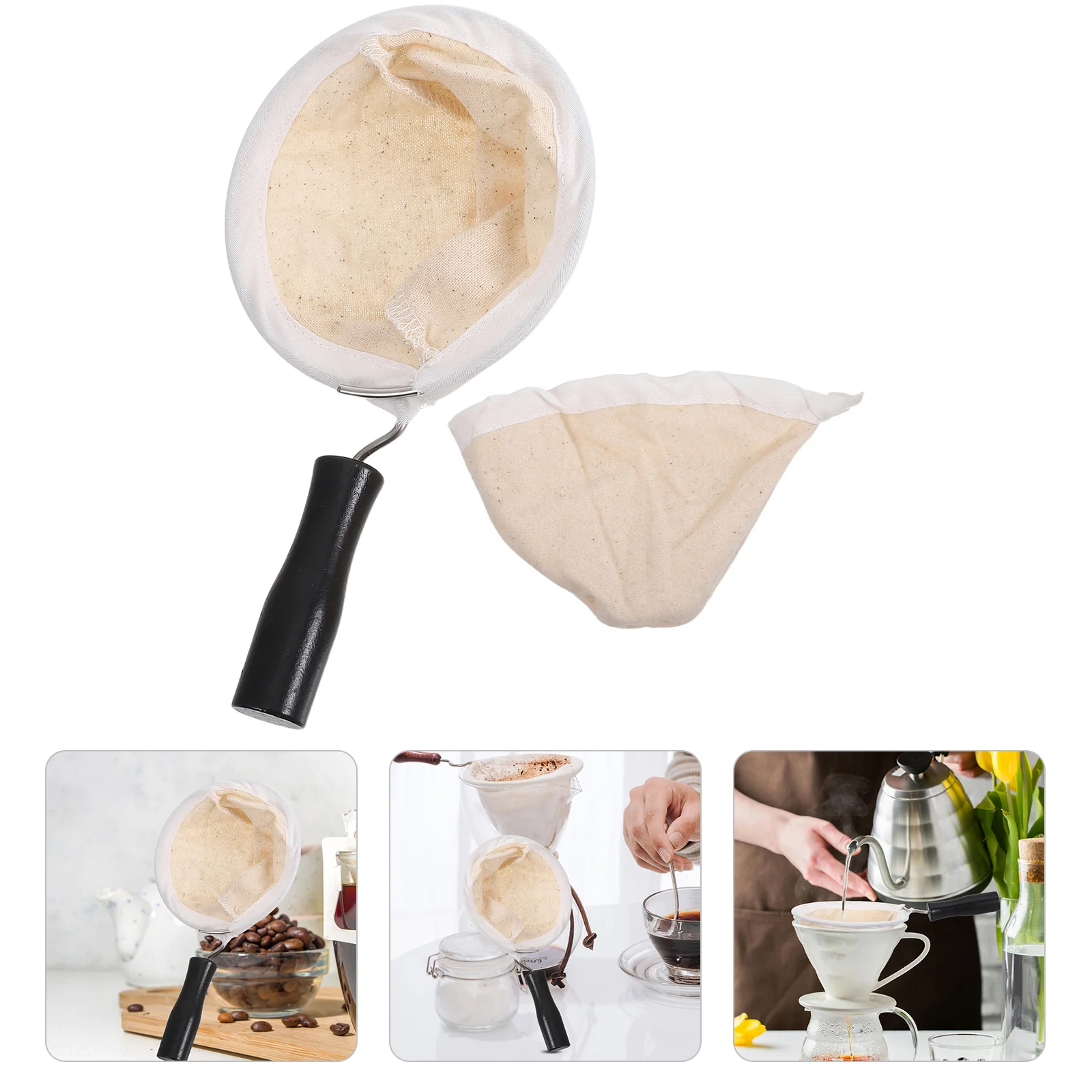 

2pcs Reusable Filter Cloth Washable Fine Mesh Drip Sock With Wooden Handle For Hand Brew Coffee Maker Coffee Dripper Filter