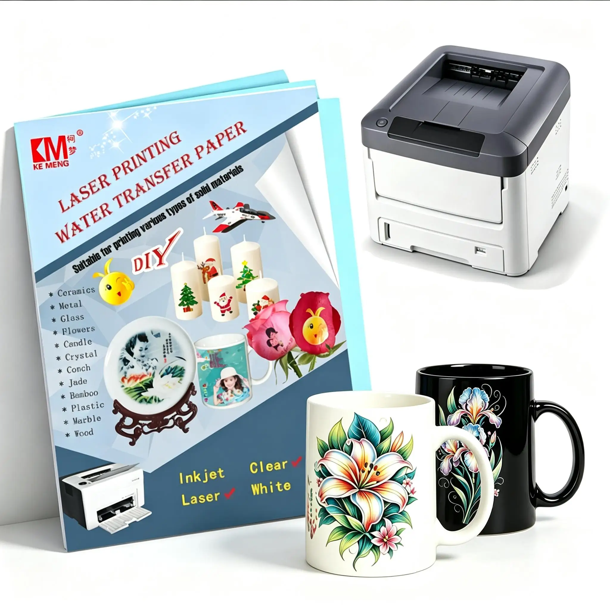 For Glass Ceramic Flower Model Laser Blue Background Water Decal Paper A4 Si Transparent Waterslide Decal Paper