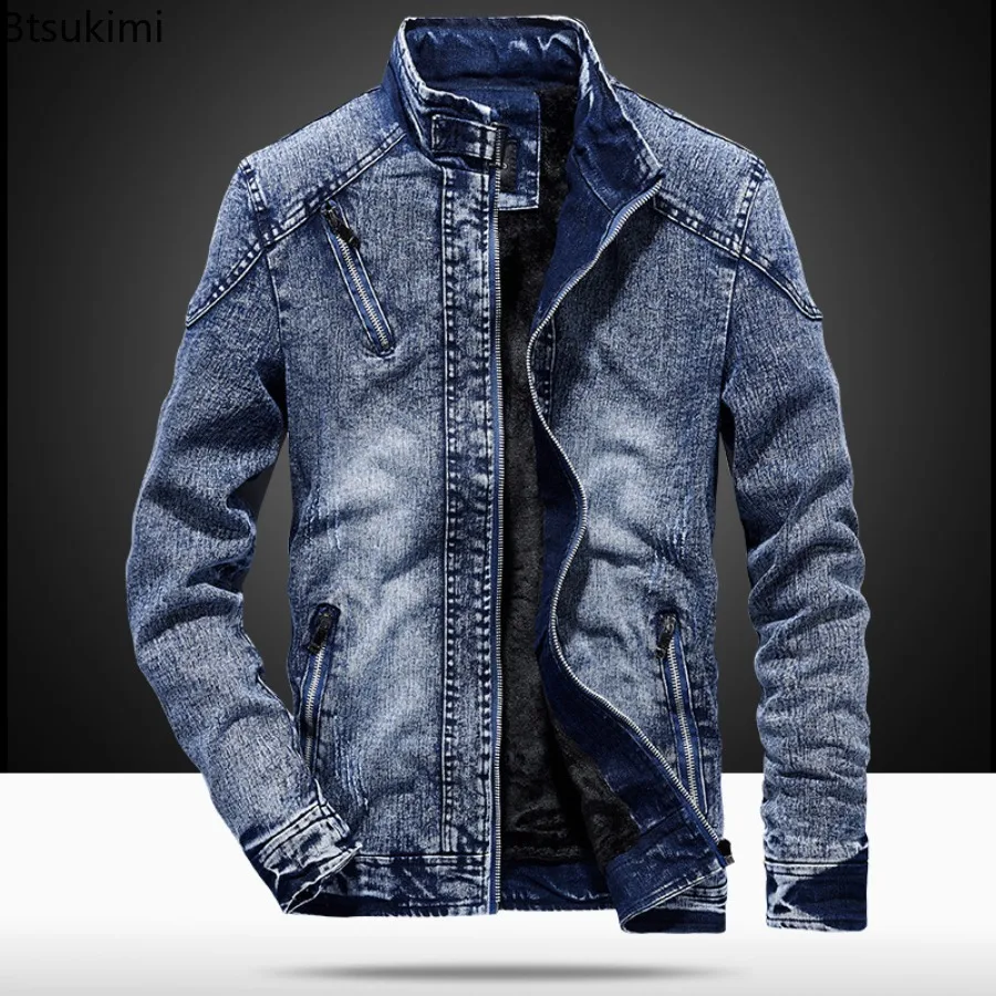 New Vintage Men's Denim Jackets Fashion Stand Collar Zip Casual Jean Coats Fleece Lining Thicked Warm Autumn Winter Men Clothing