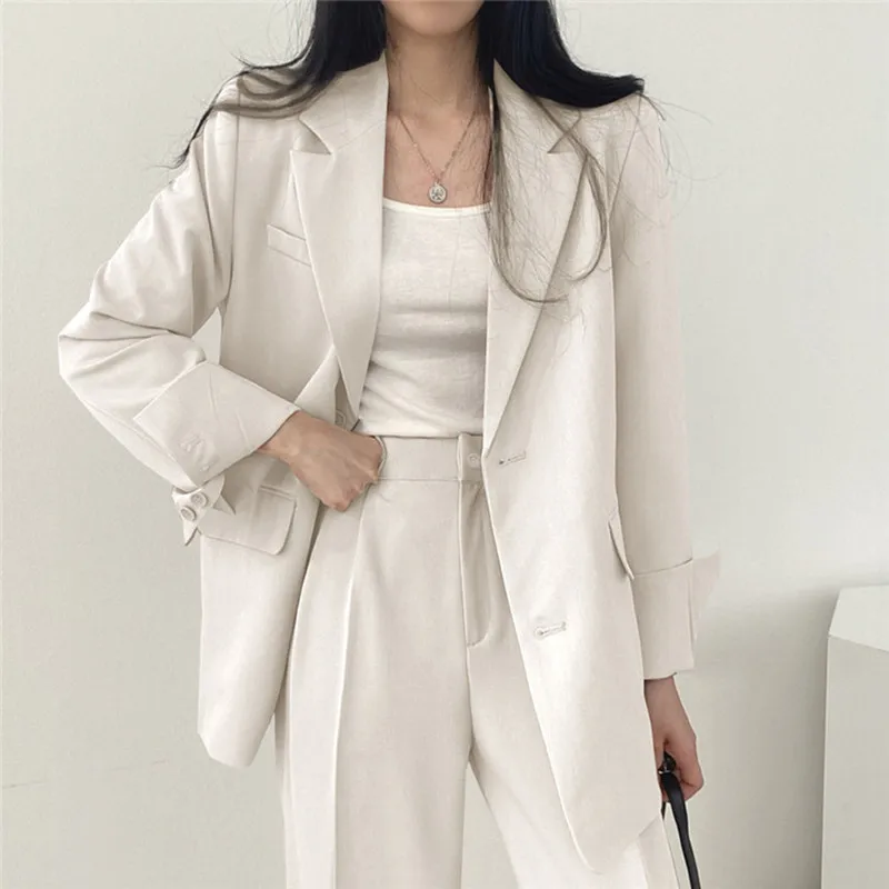 Women Fashion Office Suit Top and Pant Loose Single Breasted Female Pantsuit Pink Blazers Coats Elegant Party Clothes Outerwear