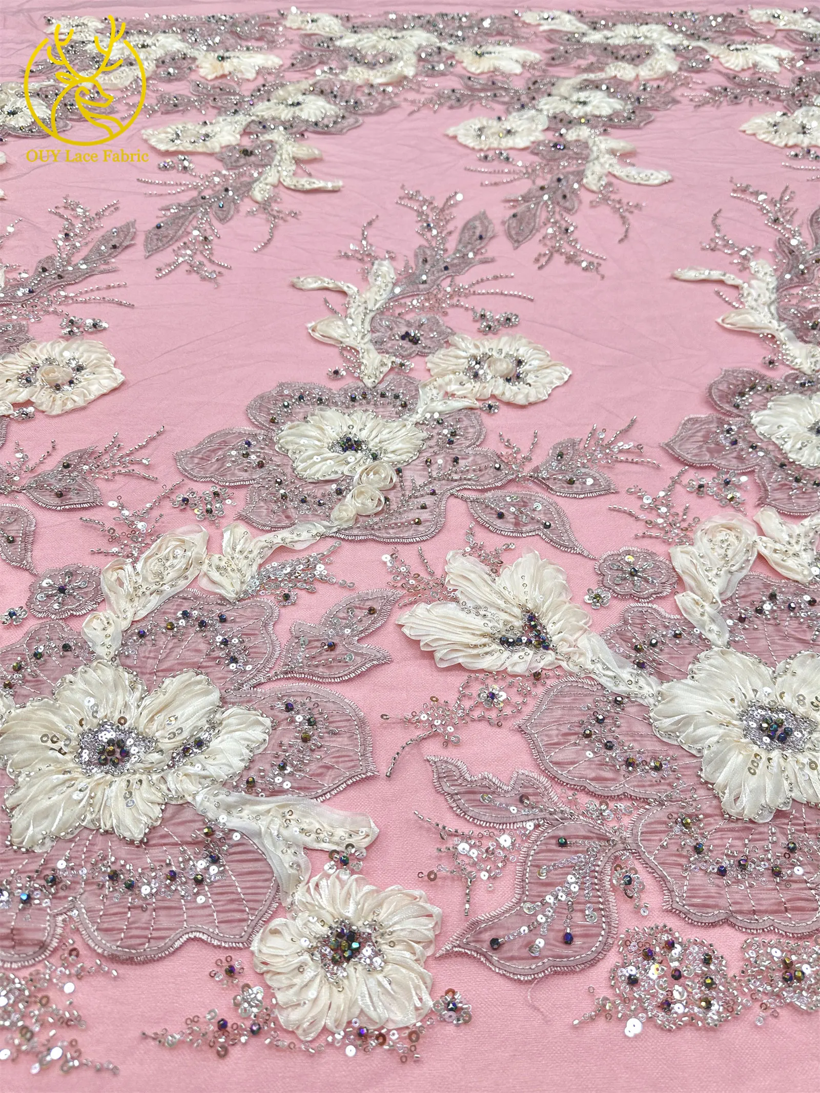 3D Handgefertigter Stickerei-Tüll-Spitzenstoff 2026 Afrikanischer Pailletten-Perlen-Spitzenstoff Nigerianischer Brautkleid-Spitzenstoff DIY Nähstoff – Detail 9