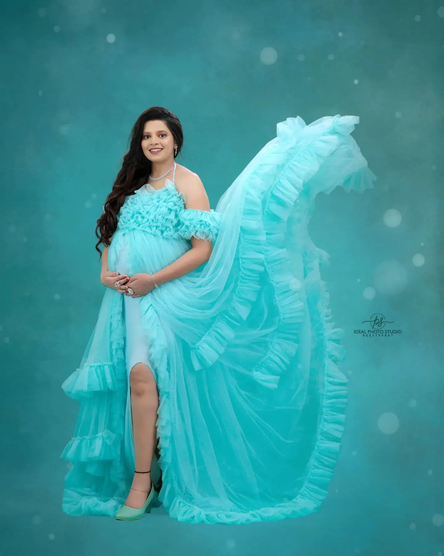 Blue Women Pregnant Maternity Dresses for Photo Shoot Sleeveless Tiered Tulle Robe Custom Made Prom Gown（No underwear clothes）