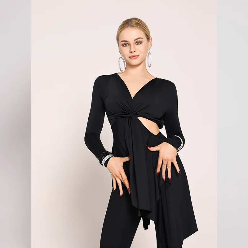 

Новинка 2023 года, костюм для латинских танцев, черный сексуальный модный топ с длинными рукавами для похудения, ча-ча-румба, самба, профессиональная тренировочная одежда