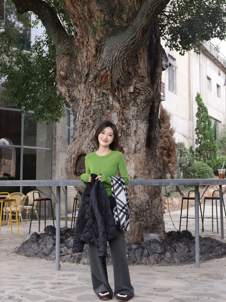 

Женский повседневный свитер LAN LAN Qing Yangzi из 100% чистой шерсти, приятный к коже, с круглым вырезом, вязаный, для ношения под одеждой