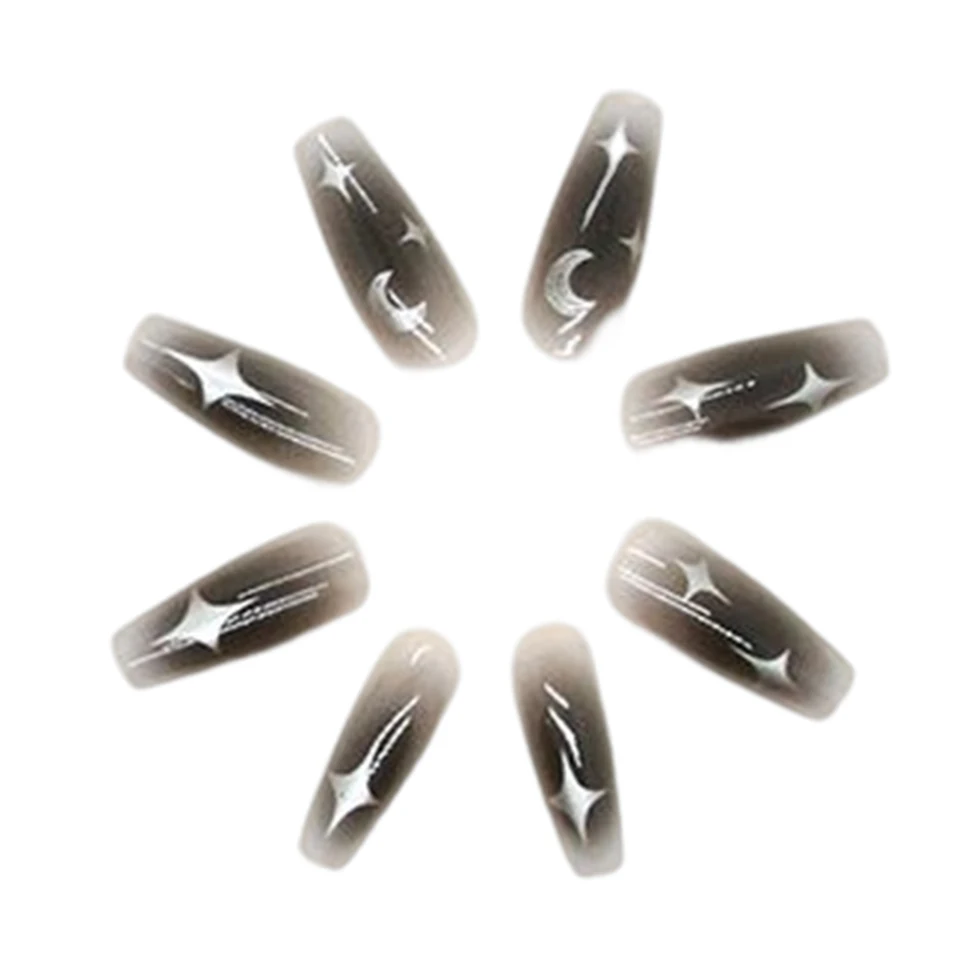 24 uñas postizas Y2k con estrellas, degradado negro, forma ataúd mediana, con diseños de luna, para chicas geniales 5