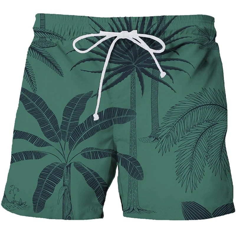 Calção de praia masculino estampado em 3D plantas havaianas, calção de natação, cordão casual, calção de surf secagem rápida, moda verão