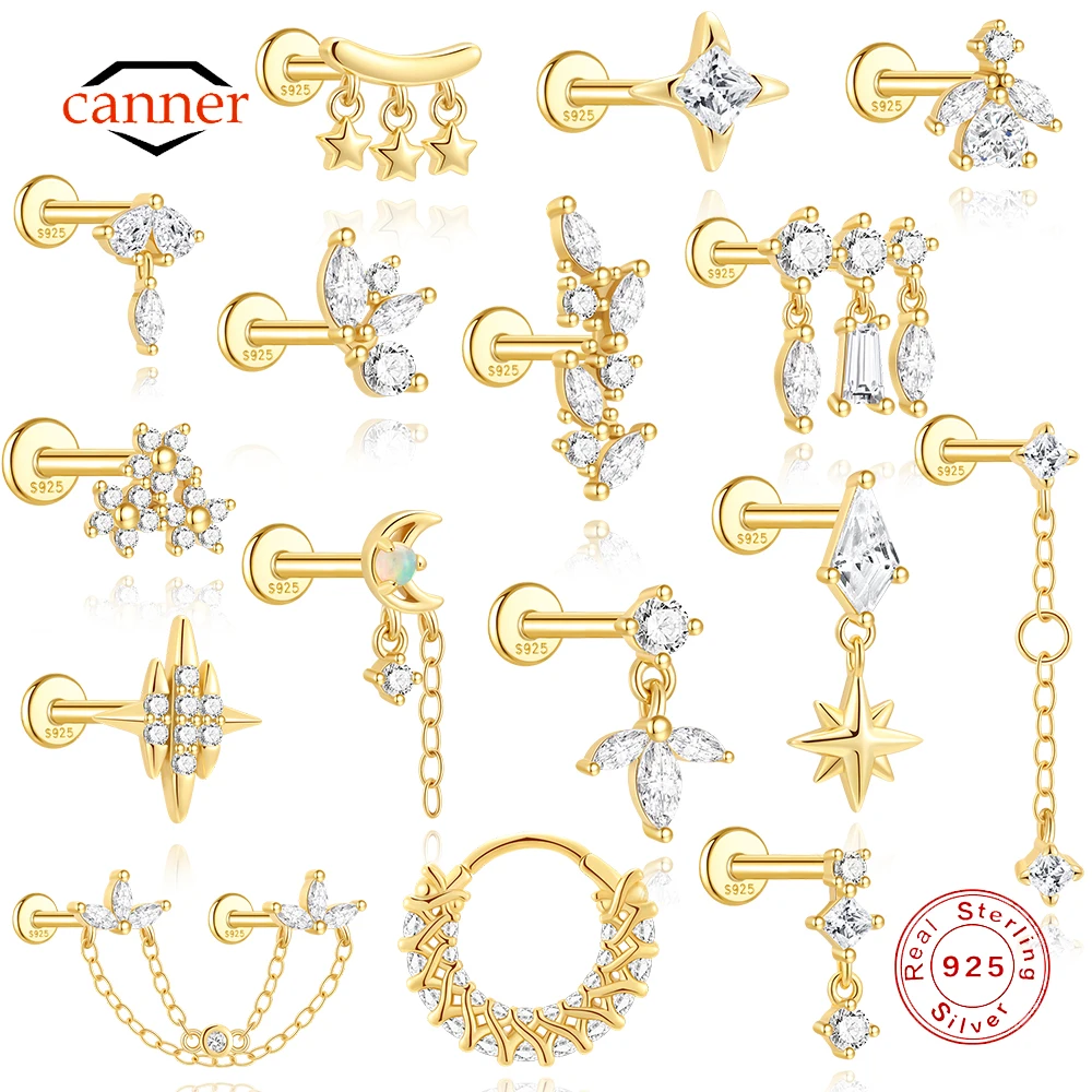 CANNER 1PC 925 Sterling Silver Horse Eye Star Moon Geometric Flat Head Thread Piercing Stud Earring For Women Ins Tassel Earring