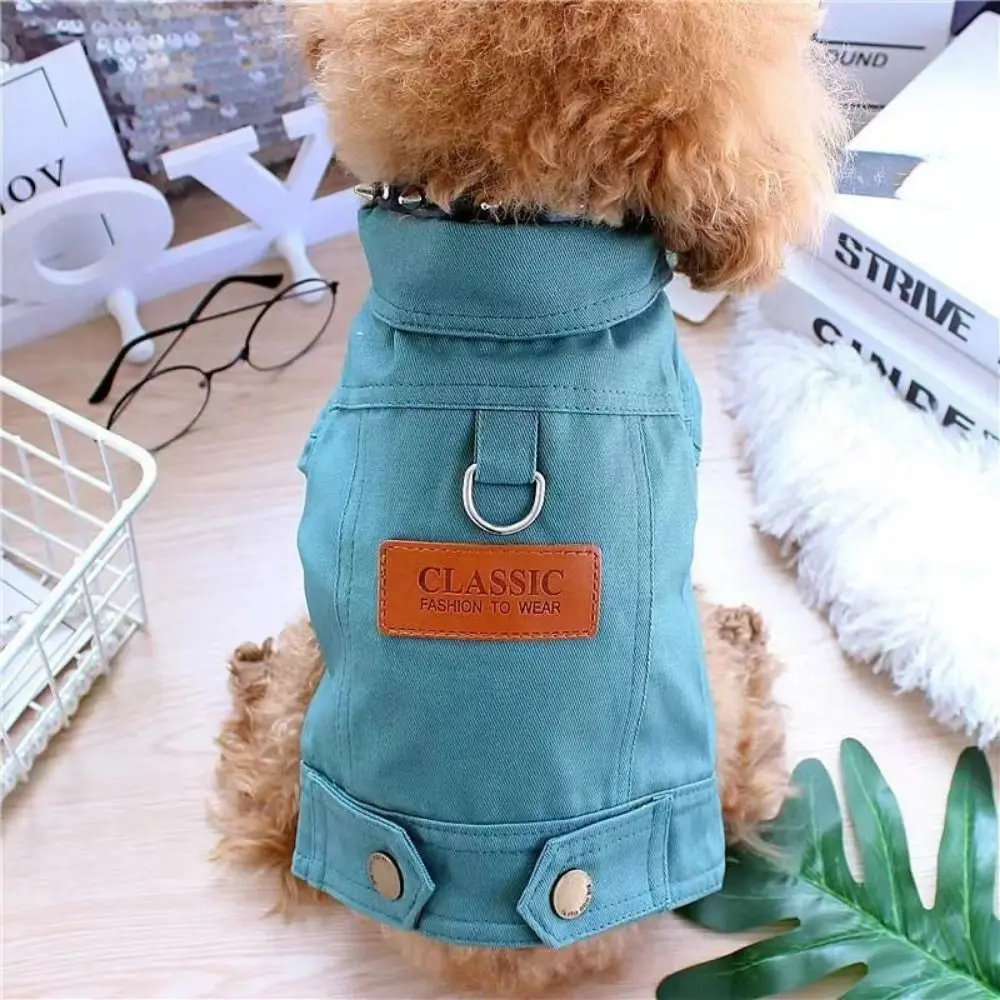 Polyester Spring Dog Suit Outfits with D Leash Ring Two Legged Dog Denim Coat Clothes Towable Dog Vest Coat Autumn