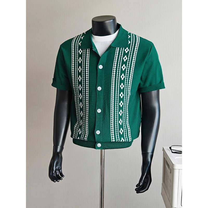 

Retro Jacquard Knitted Cardigan Ice Silk Lapel Short Sleeved T-shirt Casual Business Knitwear Tops Fashion Social Versatile POLO
