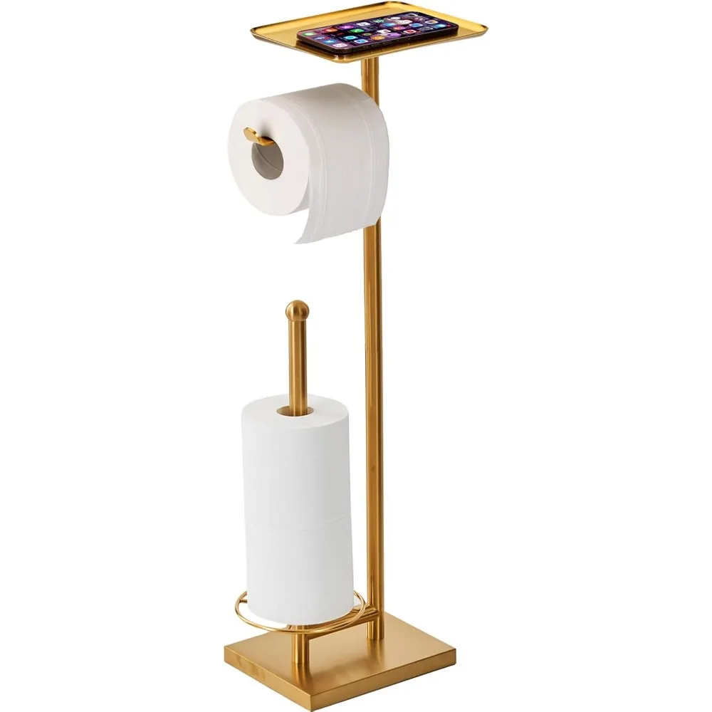 

Freestanding Toilet Paper Stand with Top Tray, Heavy Base for Stability, Holds 3 Rolls