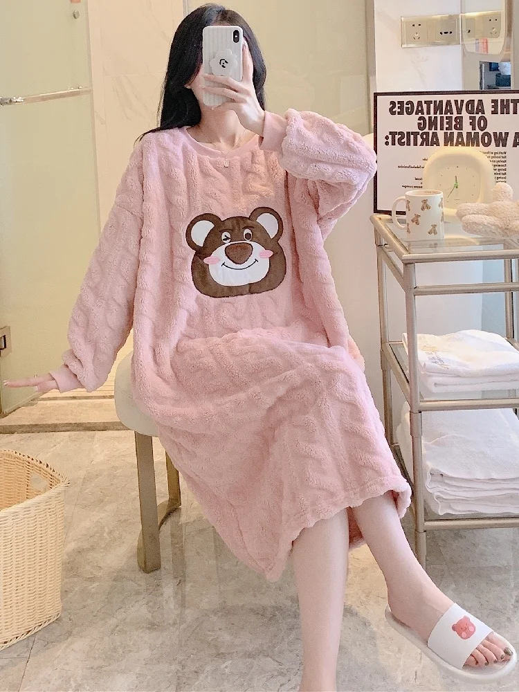 Coral Fleece Nightdress for Women, Long Flannel Nightgown, Plus Size, 200kg, Fat Girl, Pregnant Women, Autumn and Winter