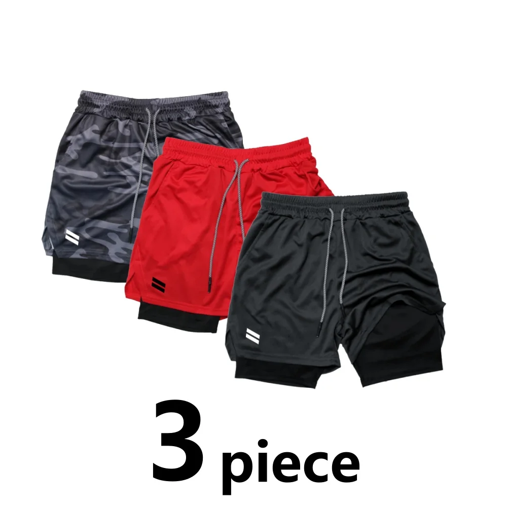 3-piece High Quality Tight Running Shorts Printed Gym Sports Shorts Workout Training Jogging 2 In 1 Double Deck Bottoms Summer