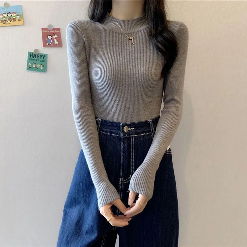 Korean Simple Basic Sweater Women Classic Long Sleeve Solid Skinny Fall Pullover Fashion Casual Stretch Winter Female Jumpers