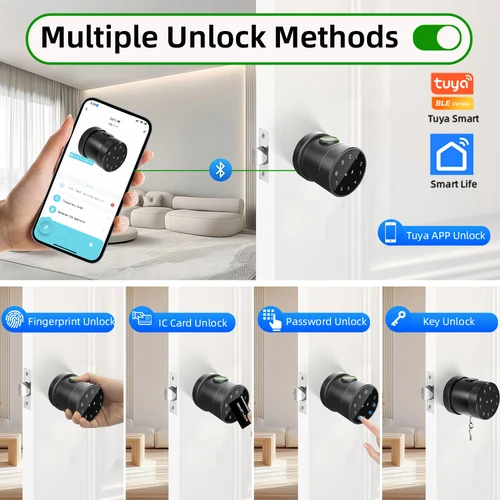 Imagen 2 del producto RAYKUBE L16A Tuya Bluetooth cerradura de cerrojo inteligente con huella dactilar perilla redonda sin llave cerradura eléctrica Digital con aplicación/llave/desbloqueo de código
