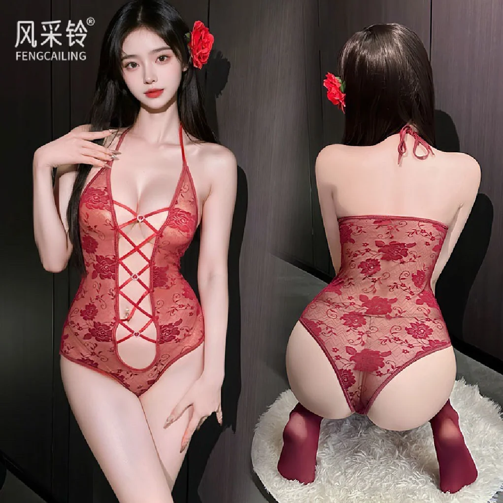 

Sexy Lace Transparent Jumpsuit Female Sexylace Breast Leak Tight Fit Cosplay Uniform Open File Passion F190