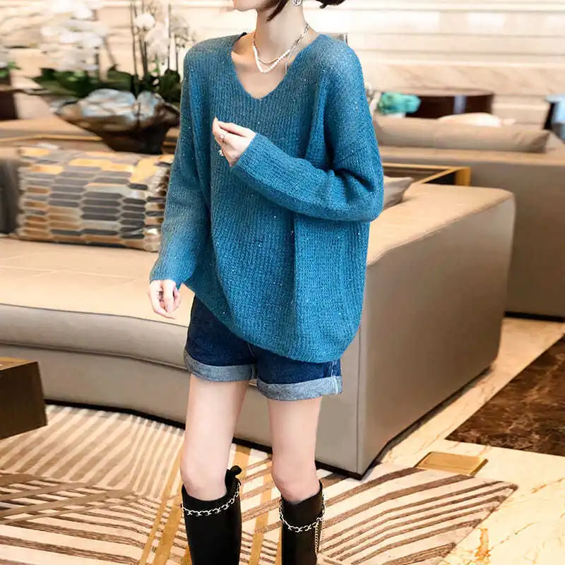 Lady Korean Loose V-Neck Solid Sweaters Pullovers Women's Clothing Autumn Winter Temperament All-match Long Sleeve Knitted Tops