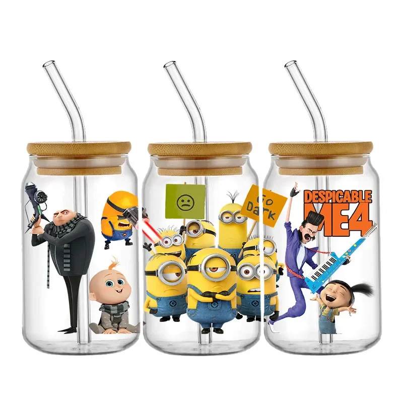 Autocollant de transfert UV DTF, décalcomanies imperméables auto-adhésives en continu, tasse ronde, dessin animé jaune, Moi méprisable, verre étiez bey, 16oz