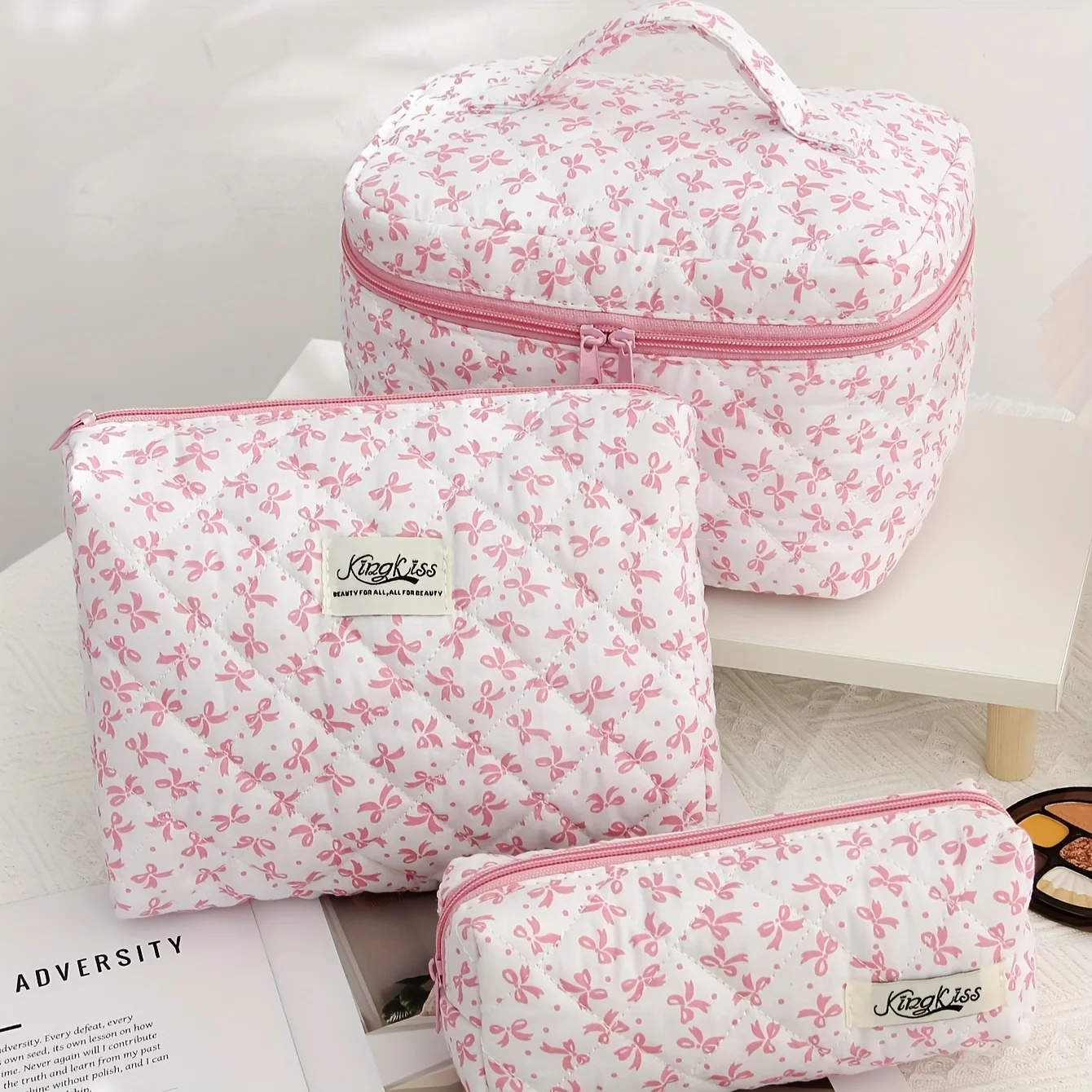 Borsa per il trucco trapuntata da 3 pezzi, borsa per cosmetici floreale grande per donna, Set di borse per il trucco in cotone, borsa da toilette da