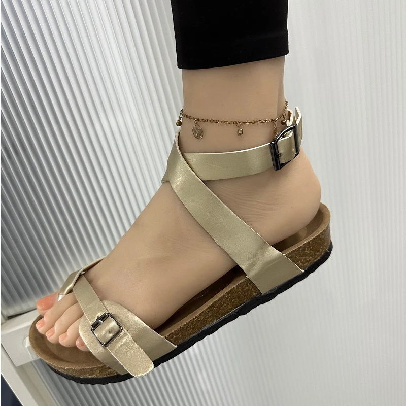 Women Sandals Cork Slippers Roman Buckle Flats Gladiator Sandals Summer Lovers Flip Flops Outside Beach Slides Black Brown Beige