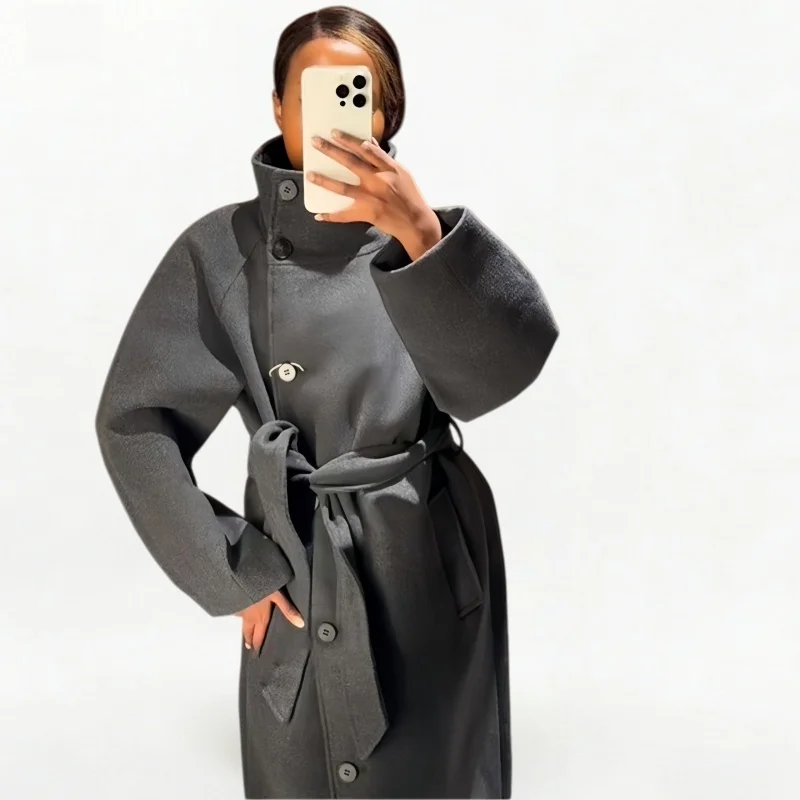 

Ele Double-Faced Wool Coat with Belt Stand Collar Long New Autumn Winter Women's Faion Casual European Sle Thiened