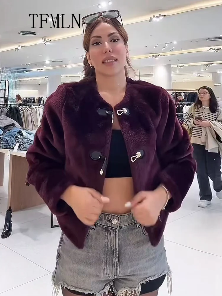 TFMLN 2025 冬 レディース フェイクファー 暖かいジャケット ファッション 長袖 シングルブレスト ラウンドネック コート シック レディース ストリートウェア トップス
