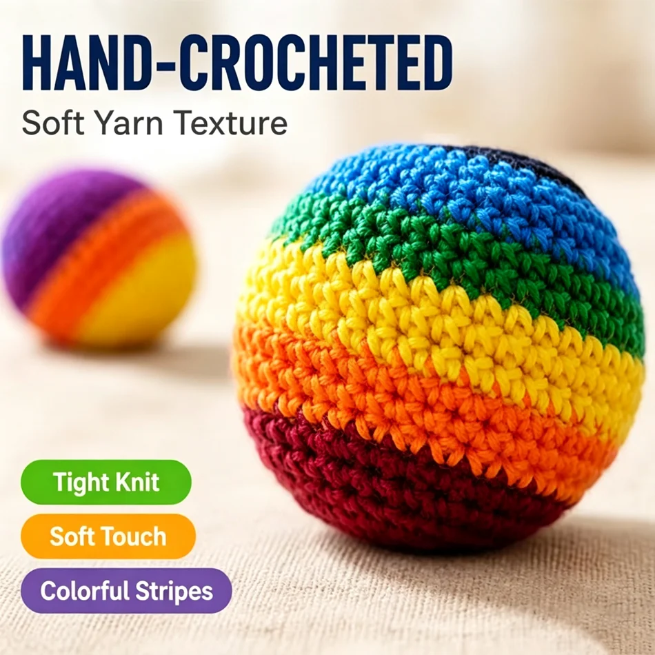 New Hand-Knitted Rainbow Hacky Sack Thick Fuzzy Soft Ball Stress Relief Toss Toy Parent-Child Indoor Outdoor Game Gift for Kids