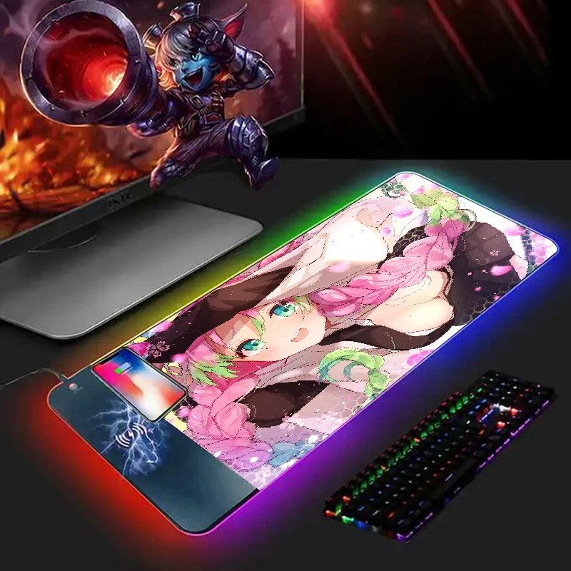 

Desk Mat Mitsuri Mouse Mats Demon Slayer Mousepad RGB Office Accessories 15W Wireless Charger Anime Mouse Pad Gamer Mice