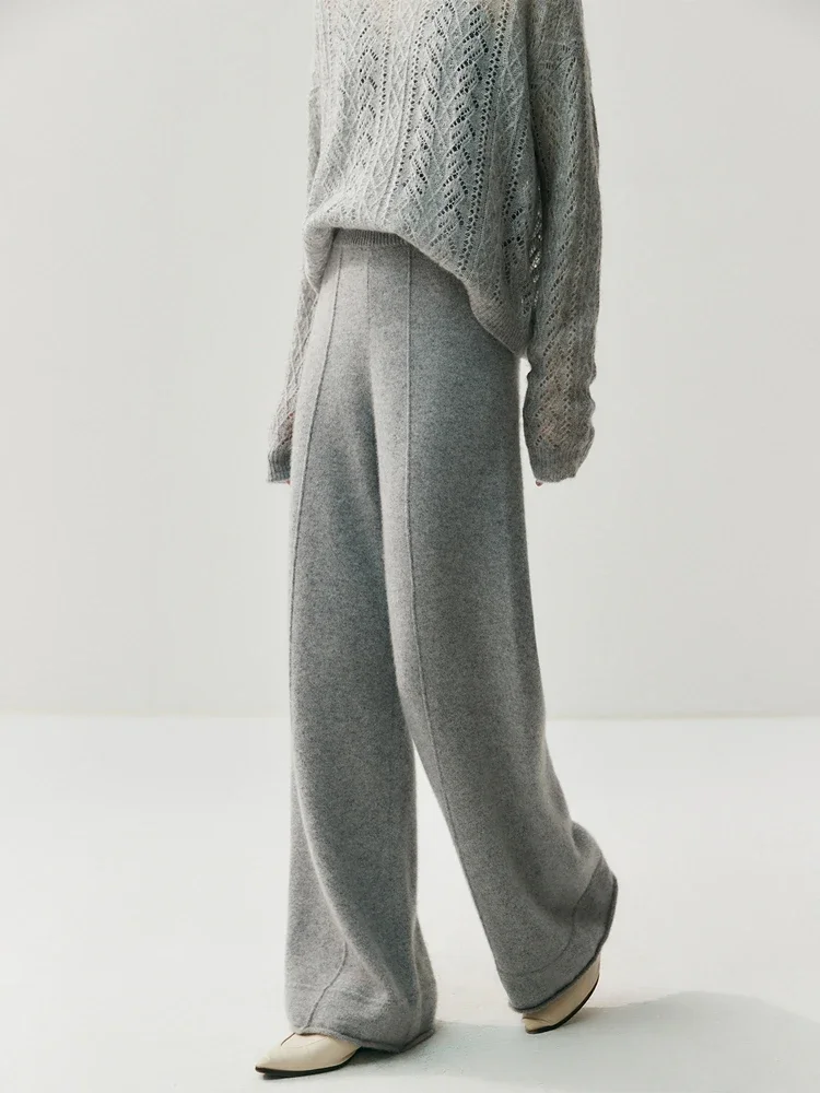 Tcyeek Women Autumn Winter 100% Cashmere Pants Wide Leg Pants Thick Warm Office Lady Cashmere Knitwear Middle Line Trousers