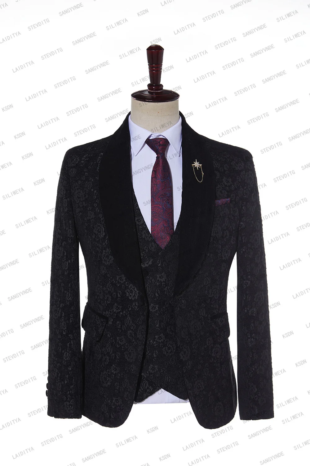 2023 New Men Mariage Suits Black Flower Pattern Velvet Shawl Lapel Male Business Casual Wedding Blazers Vest Pants 3 Pieces Set