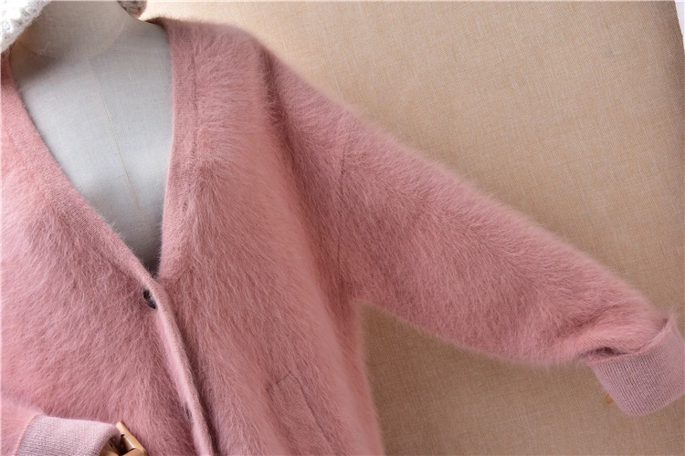 Female Women Autumn Winter Thick Warm Pink Hairy Angora Rabbit Hair Knitted V-Neck Long Sleeves Loose Cardigans Sweater Jacket