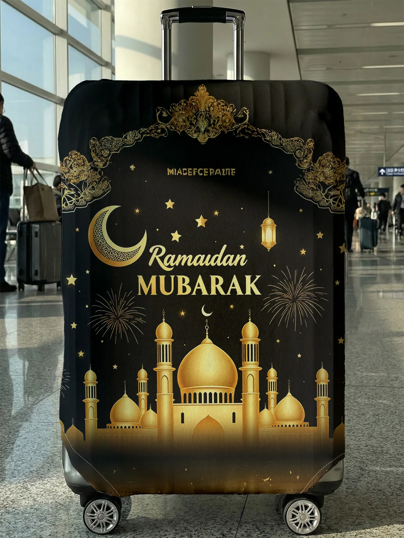 

Black Gold Ramadan Mubarak Mosque Luggage Cover, Suitable for 18-32 Inch Luggage Cover, Luggage Handle Glove, Travel Accessories
