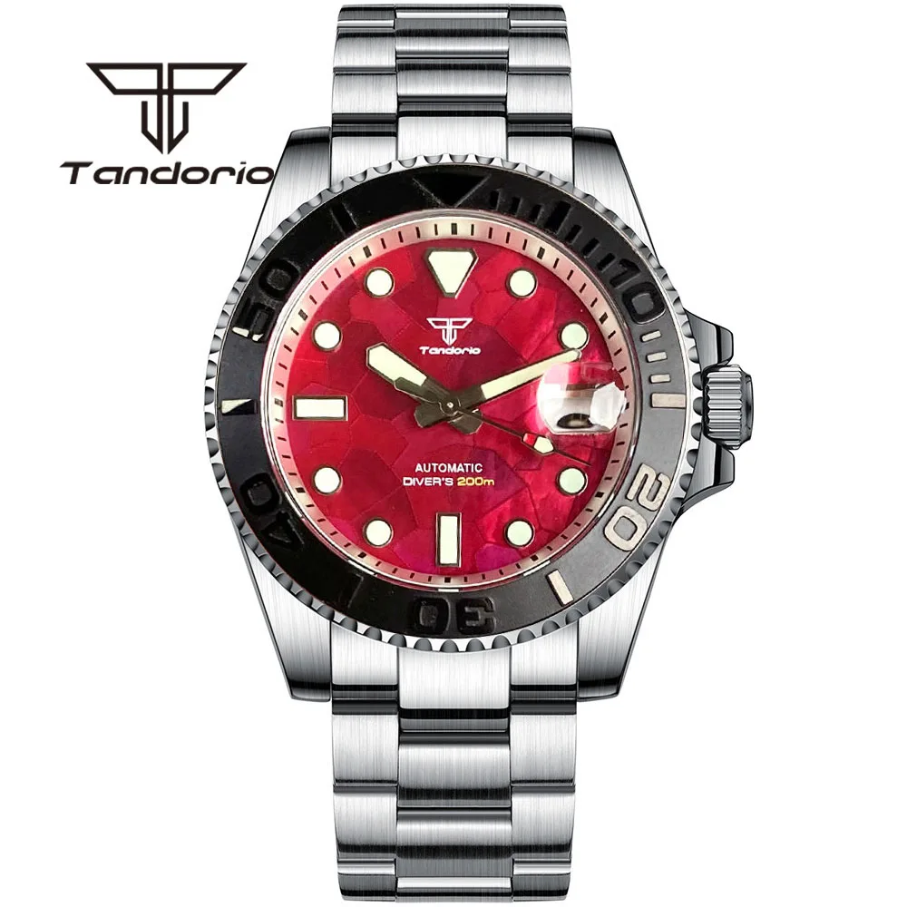 Tandorio NH35A Fashion Red Mother of Pearl Dial Luminous 40mm 20Bar Men\'s Automatic Dive Watch 120-Click Bezel Sapphire Crystal