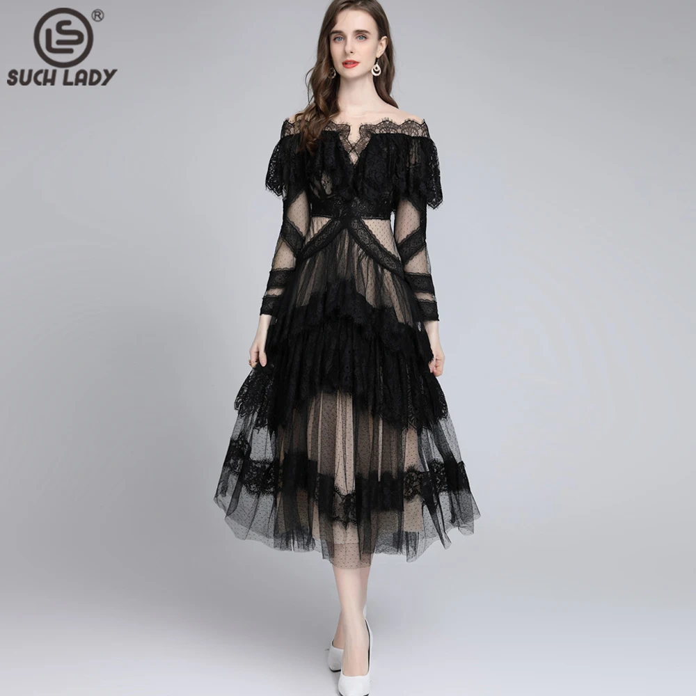 Women's Dresses Slash Neckline Long Sleeves Lace Patchwork Elegant Designer Vestidos Prom S-4XL