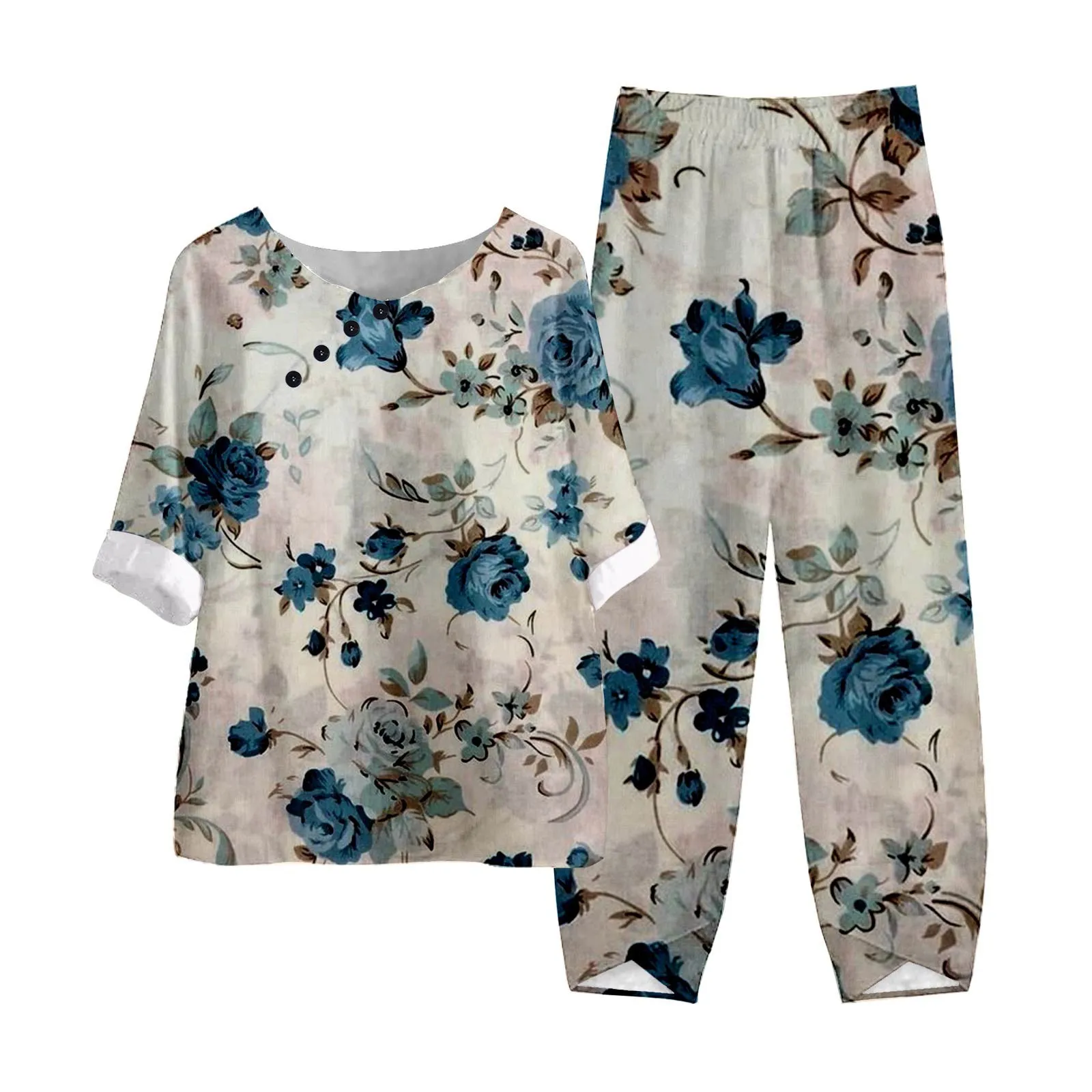 New Elegant Summer Casual 2 Piece Set Women O Neck Flower Print Loose T Shirt High Waist Loose Pants Suit Female Outfits 2023