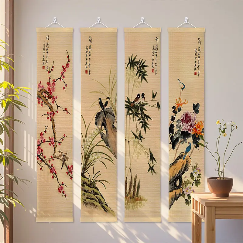 Chinese Four Gentlemen Wall Art Bamboo Scroll Set Plum Orchid Chrysanthemum Painting Oriental Zen Decor Study Tea Room