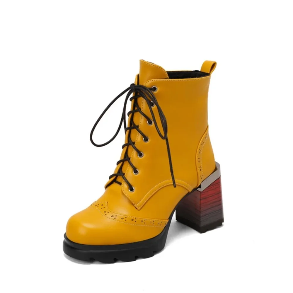 

BLXQPYT Ankle Boots Women Fashion Sexy Rome Chunky Heels Round Toe Lace-up Non-slip Winter Warm Punk Platform Boots 9879