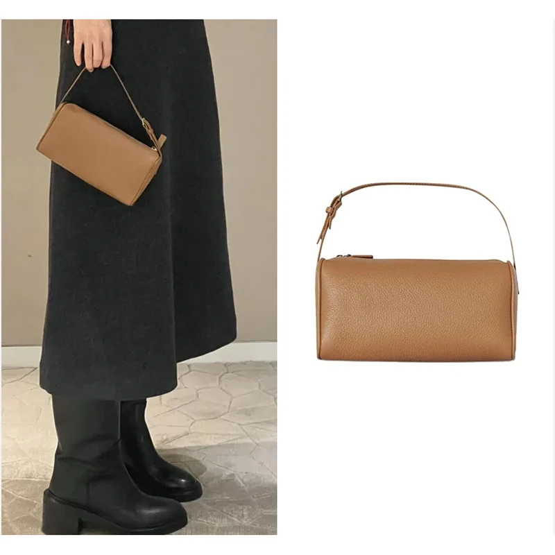 Leather Pencil Case Genuine Leather Cylinder Bag Trendy Shoulder Purse Luxury Designer Bag Fashion Women's Handbag Chic Pouch