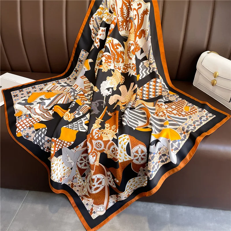 Spring Summer Korean Luxury Women 90X90cm Square Scarf Print Fashion Hair Band Shawl Ribbon Wrap Neckerchief Hairband Bandanna