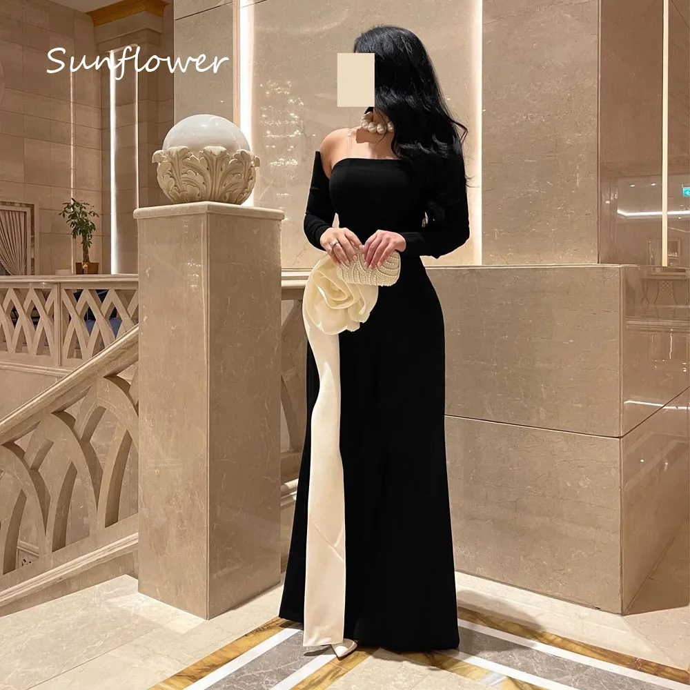 Sunflower Simple Black Strapless 3D Flowers Crepe Mermaid Prom dress 2024 Slim Long Sleeve Floor-Length Formal Evening Dress