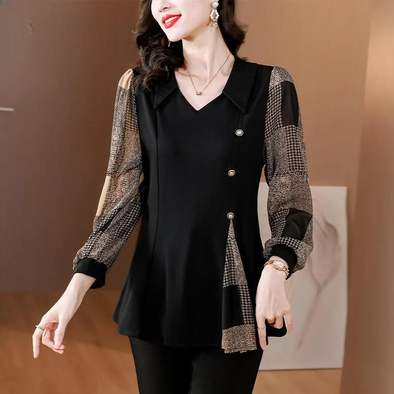 Office Lady Shirts 2024 Fall Autumn Basic Wear Work Women French Design Long Sleeve Button Patchwork Plaid Shirt Tops Blouses