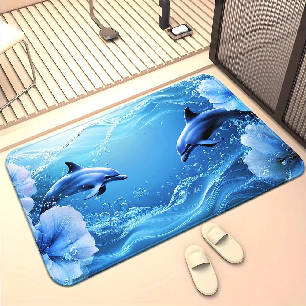 2D Flat Blue Dolphins Swimming Ocean Waves Flannel Bath Mat Non Slip Marine Life Rug For Bathroom Kids Room Floor Decor