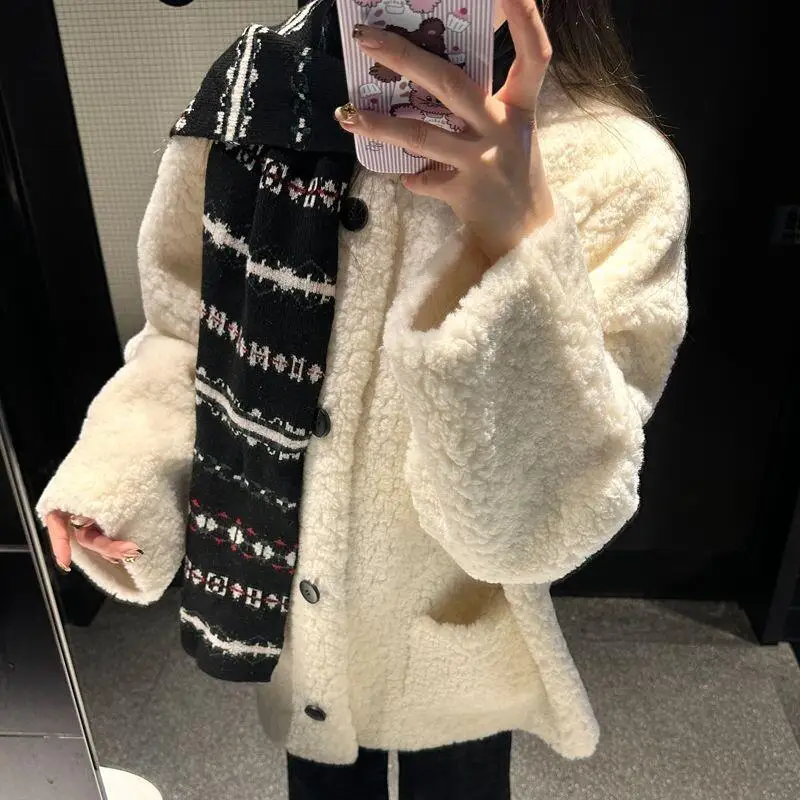 

Lamb Wool Coat Women Students Autumn Winter New Loose Versatile Warm Fur Lined Cotton Jacket Cute Kawaii Korean Style
