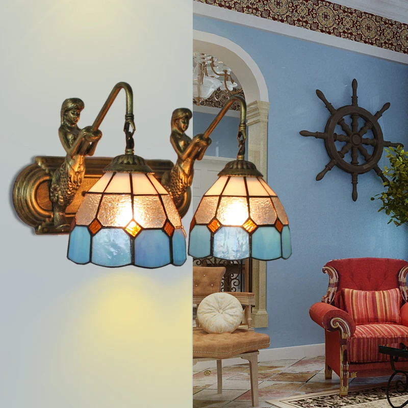 Mediterranean Tiffany Double Mermaid Glass Sconce Lamps Light Light E27 Bedside Wall Fixtures Home Decoration Lighting