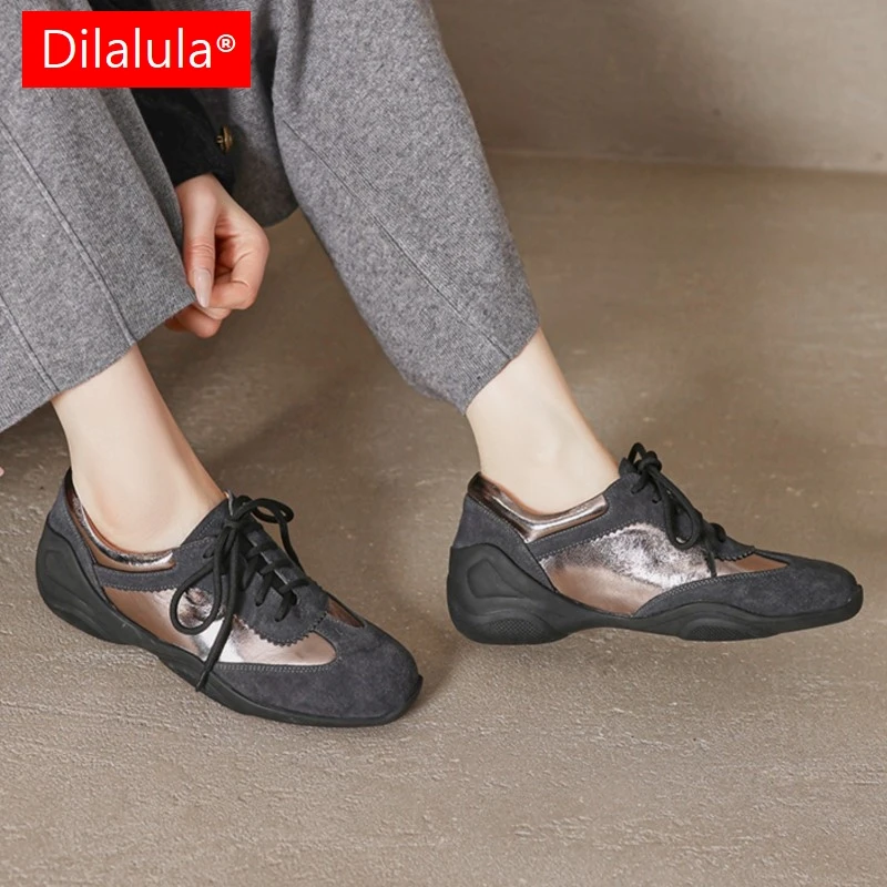 

Dilalula 2026 Spring Genuine Leather Women Sneakers Med Heels Lace Up Casual Shoes Female Comfort Mixed Color Leathers Shoes