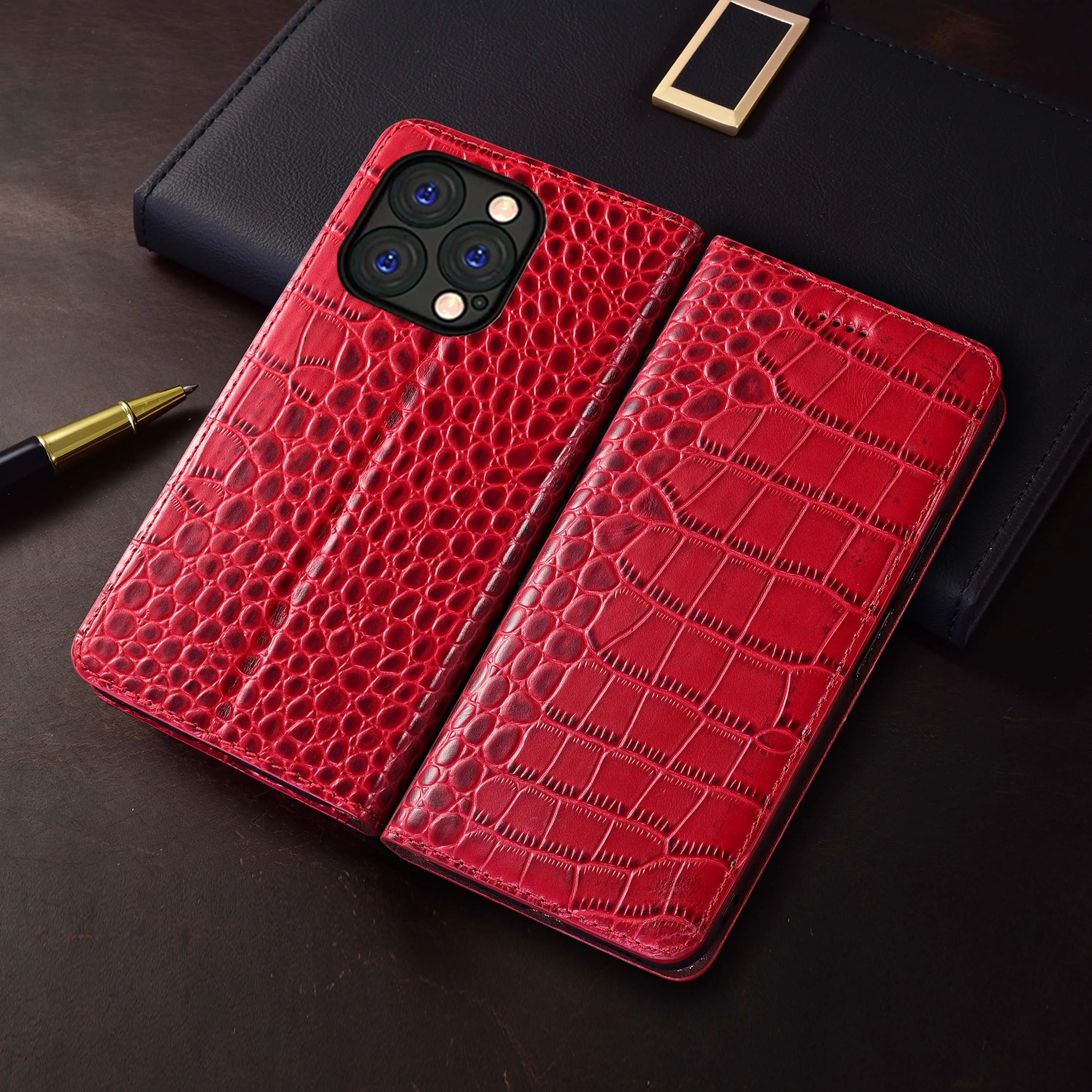 

For Apple iphone 11 12 13 14 15 16 16e 17 Pro Max Plus Air Mini Crocodile Pattern Genuine Leather Wallet Flip Phone Case Cowhide
