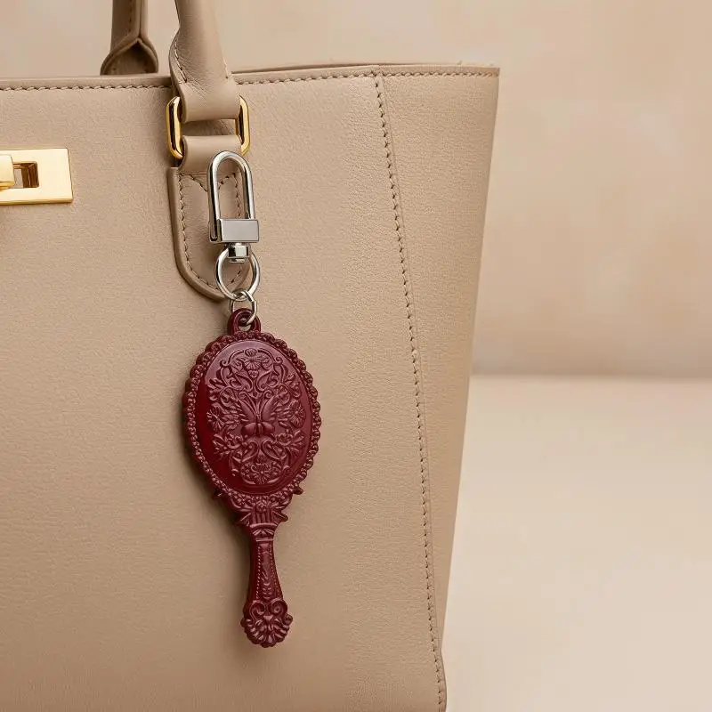 Mini Vintage Handheld Mirror Keychain Durable Embossed Frame Bag Pendant for Car Key Ring Women Outdoor Daily Use