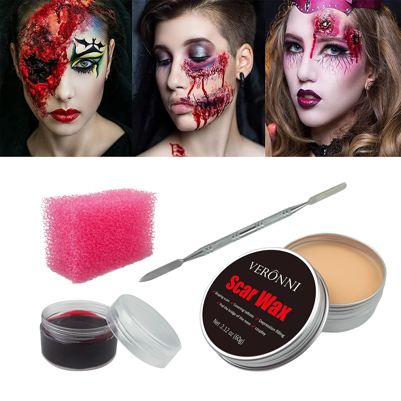 Face Body Paint Sfx Makeup Kit Scars Wax Halloween Special Effects Stage Fake Blood Skin Wax with Spatula Stipple Sponge