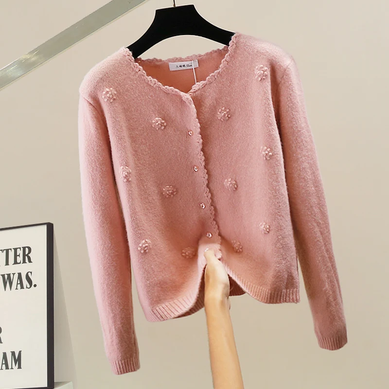 

Korean Style Heavy Embroidery Flower Decorated Knitted Sweater Long Sleeve Elegant Fashionable Warm Autumn Winter Top